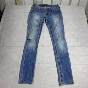 True Religion Womens Skinny Jeans Blue Denim Distressed 5-Pocket Whisker Size 26
